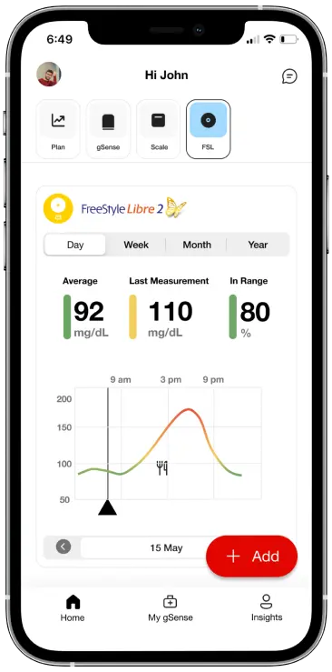 App gSense mostrando los datos de glucosa de FreeStyle Libre 2