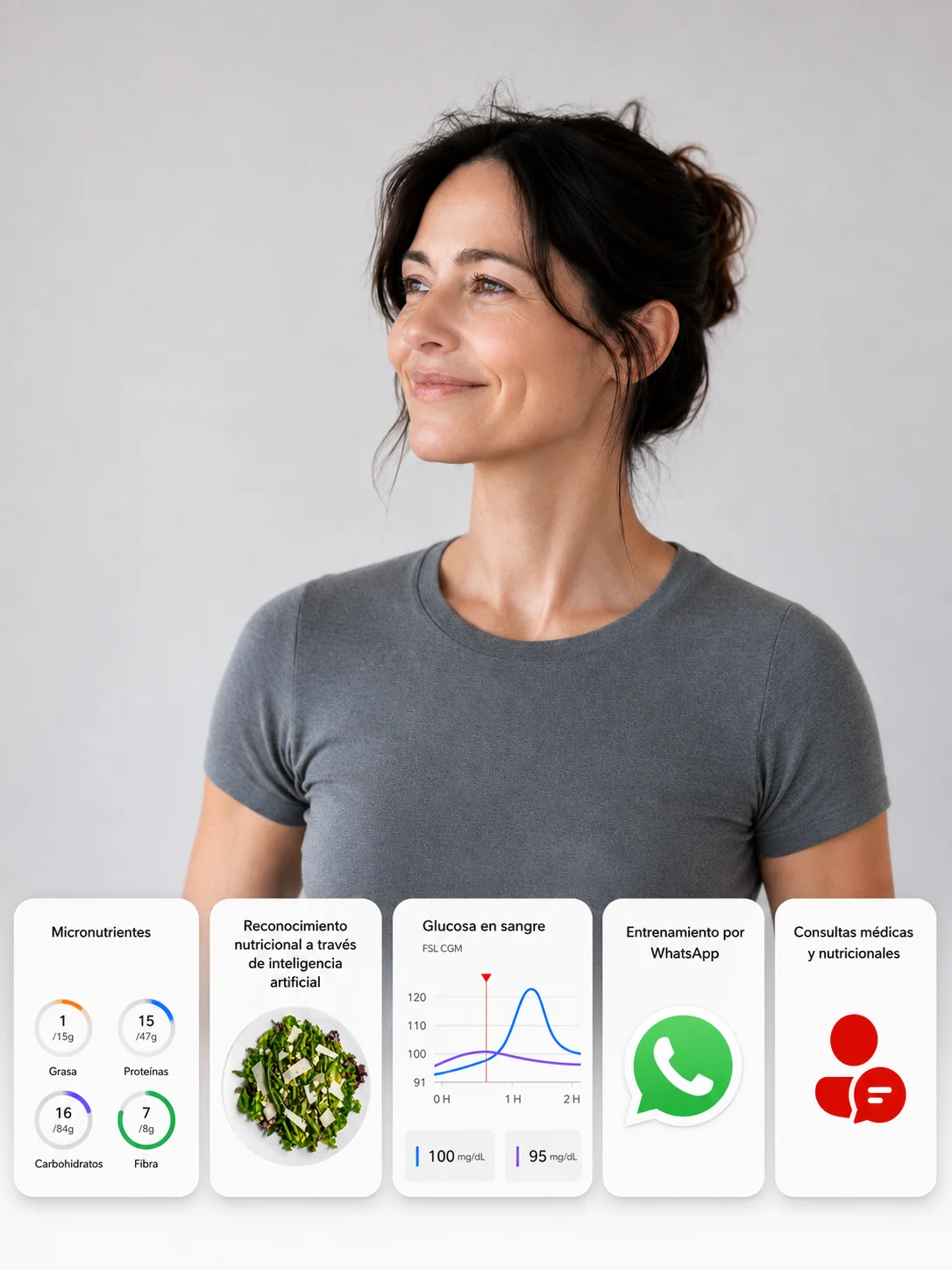Mujer usando gSense para control de peso con nutrición, glucosa y apoyo médico